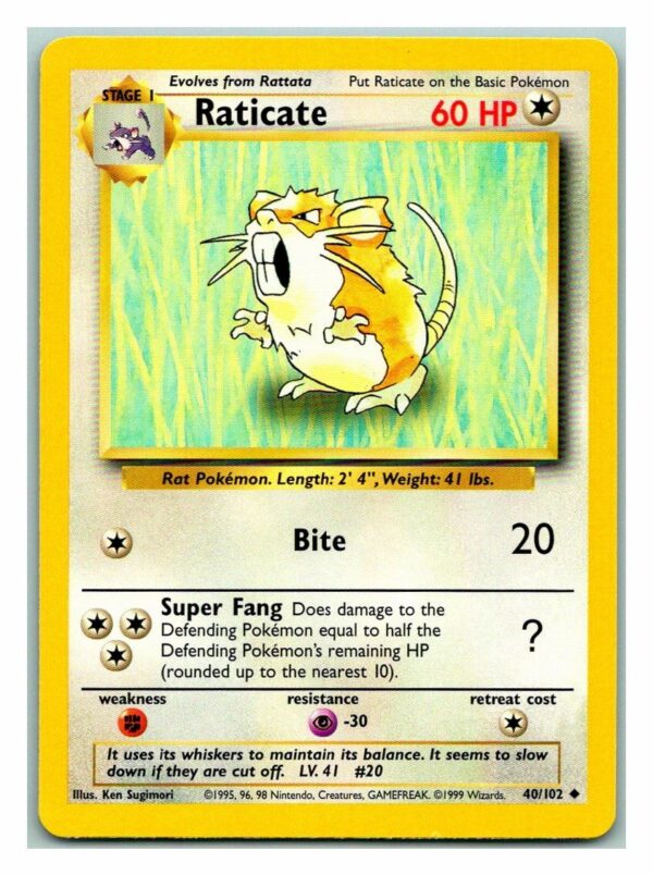 Raticate 40/102 Base Set (Uncommon) (Unlimited Lightly Played Condition)