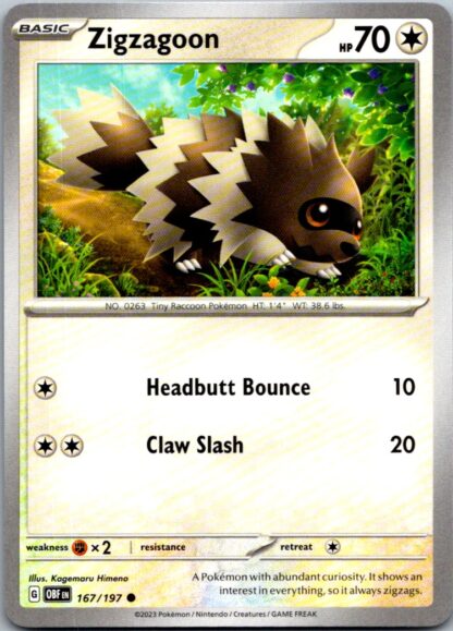 Zigzagoon 167/197 Obsidian Flames (Common) (NM-Exc Cond)