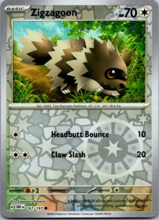 Zigzagoon 167/197 Obsidian Flames (Reverse Holo) (NM-Exc Cond)
